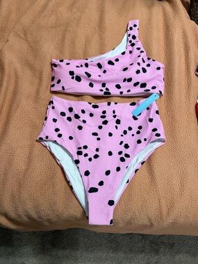 Pink One-Shoulder High-Waist Bikini with Black Spot Print